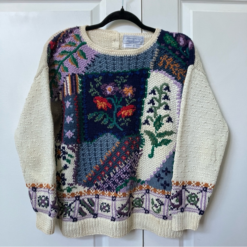 Signatures by Northern Isles Colorful Patchwork Cotton Floral Knit Sweater